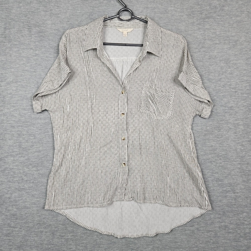 Sim & Sam Women's Black White Stripes Button Up Short Sleeve Shirt Size L